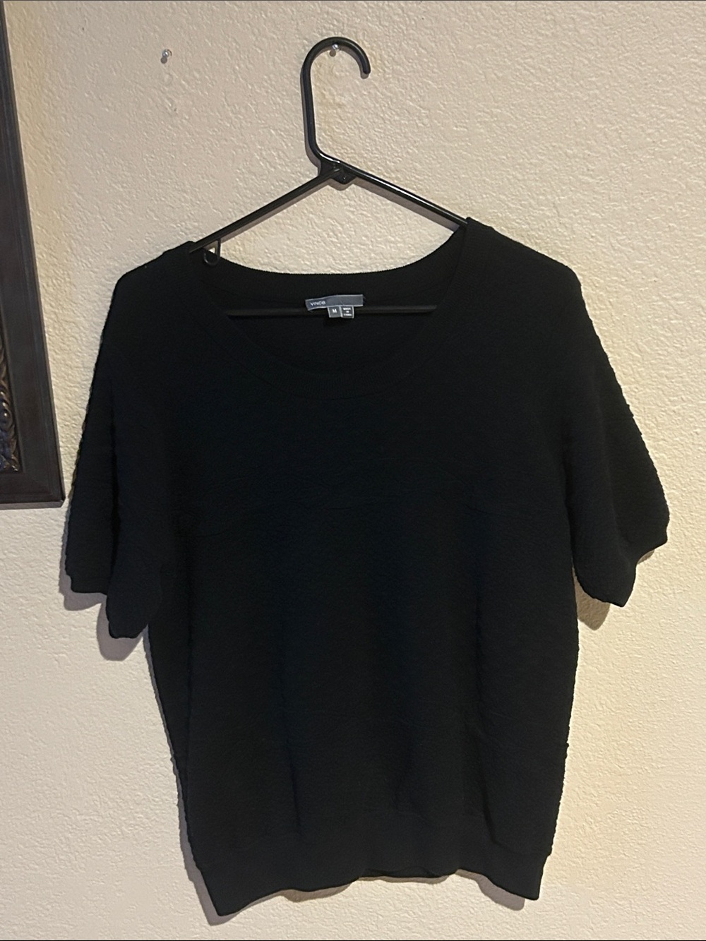 Vince Black Textured Knit Top Size M Cotton Blend Short Sleeve Sweater Minimal